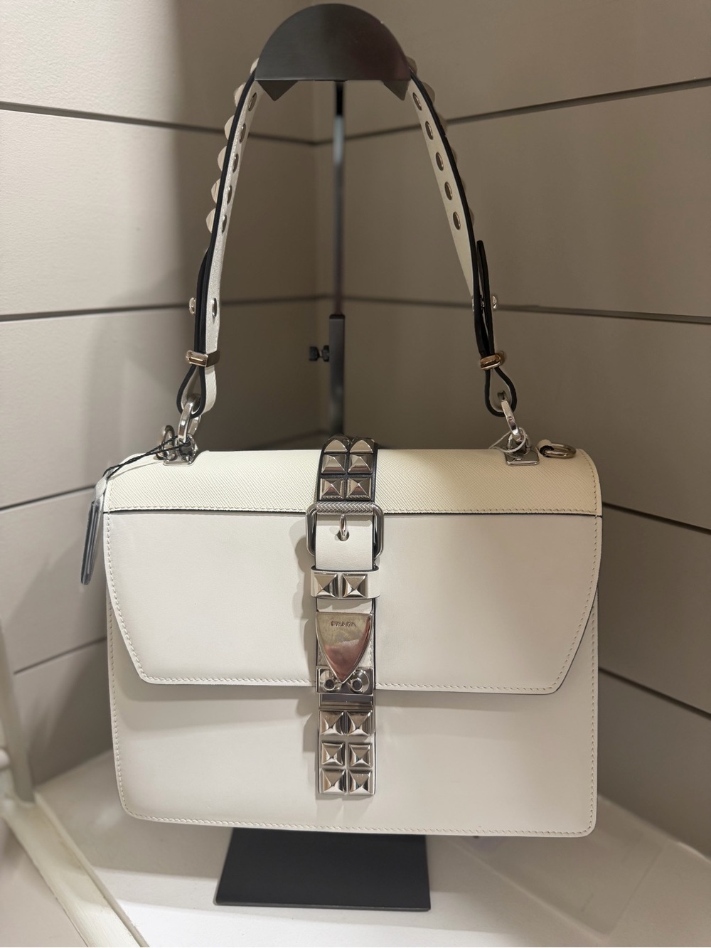 Prada White Leather Stud-Trim Satchel